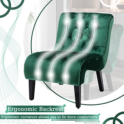 Comfy Velvet Accent Chair, Tufted Armless Side Chair with Rolled Edge | Modern Small Lounger for Living Room, Upholstered Reading Chaise Lounge with Solid Rubber Wood Legs, Green - color: Green, size: Set of 1