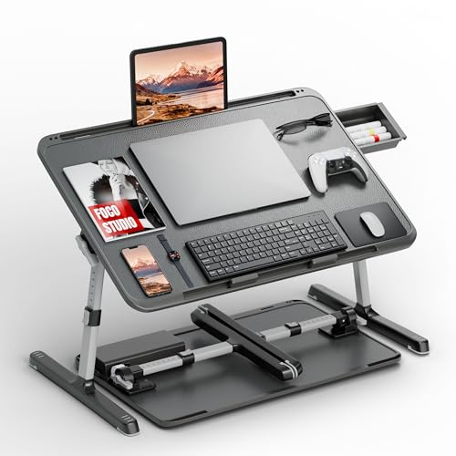 Potuopy Adjustable Laptop Lap Desk, Foldable Bed Table Tray Fit 17" Laptops | Portable Lap Desks for Adults with 8 Heights & Tilt & Storage, Computer Laptop Stand for Painting & Writing on Couch Recliner - color: Black