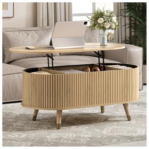 JOINICE Oval Lift Top Coffee Table with Storage for Living Room,42.5",Oak | Large Hidden Storage,Boho Fluted Panel,Pop Up Center Table with Wooden Legs,Lifts to 22.4",Holds 88lbs,Easy Assembly - color: Oak_oval