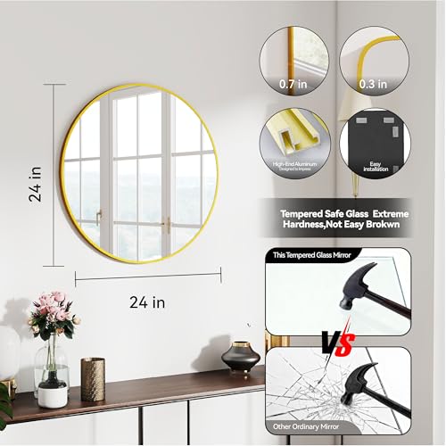 SCWF-GZ 24" Round Mirror Circle Wall Mounted Hanging or Against Wall Metal Frame Dressing Make-up Mirrors for Entryway Bedroom Bathroom Living Room 24 inch Gold | HD Crystal Clear No distortion Tempered Glass,Aluminum Frame,Make-Up Mirrors for Bedroom,Ent