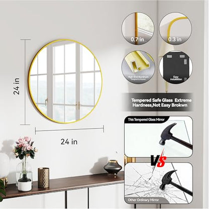 SCWF-GZ 24" Round Mirror Circle Wall Mounted Hanging or Against Wall Metal Frame Dressing Make-up Mirrors for Entryway Bedroom Bathroom Living Room 24 inch Gold | HD Crystal Clear No distortion Tempered Glass,Aluminum Frame,Make-Up Mirrors for Bedroom,Ent