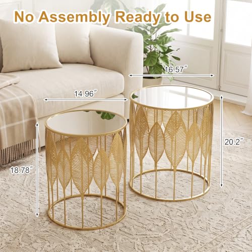 Homebeez Gold Nesting Tables Set of 2, Stainless Steel Top Round End Table | with Glam Leaf Design for Living Room & Bedroom, No Assembly Required - color: Gold Leaf