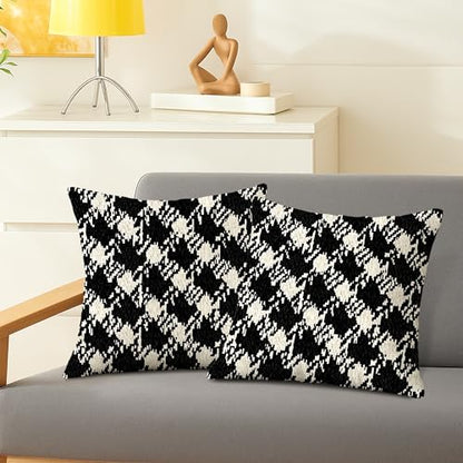 Houndstooth Throw Pillow Covers Set of 2, Modern Contemporary Geometric Abstract None Black Soft Velvet Washable Decorative Pillow Cases for Living Room Apartment Bed Sofa Decor 12x12 Inch - size: 12" x 12" (Pack of 2)