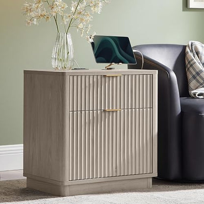 T4TREAM 23'' Fluted Nightstand with Charging Station, Modern, White Alder | Large 2 Drawer, Curved Profile, Mid-Century, Bedside Table with Storage, End Table for Living Room, Bedroom, Side Table - color: White Alder