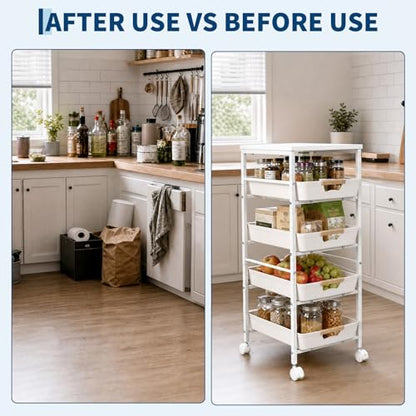 Garvee 5-Tier Slim Rolling Storage Cart, 12.6" Wooden Top Narrow Kitchen Carts on Wheels with Pull-Out Baskets, Mobile Shelving Unit Organizer for Kitchen, Bathroom, Laundry Room, Small Spaces