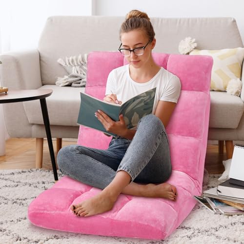 Floor Chair 14 Adjustable Positions w/Back Support, Padded Lazy Sofa w/Breathable Cotton & Skin-Friendly Coral Velve for Reading Meditating Gaming,Pink - color: Pink