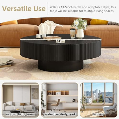 31.5" Round Wood Coffee Table with 6.8 Thick Top, Mid Century Modern Fluted Circle Circular Center Table for Living Room, Apartment, Small Space Home Office, Dark Black - color: Dark Black, size: 31.5"D x 31.5"W x 13.78"H