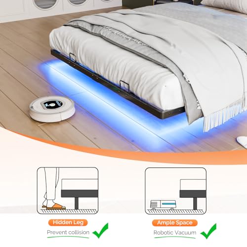 VINGLI Full Size Floating Bed Frame with Headboard, LED Lights & Charging Station, Cozy Velvet Upholstered Headboard, Hidden Storage, Heavy Duty Metal Frame, No Box Spring Needed, Easy Assembly, Black - color: Industrial Brown, size: Full