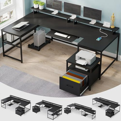 SEDETA 101.5''Reversible L Shaped Desk with Drawer for Home,Black | U Shaped Desk Office with Power Outlet,Computer with Monitor Shelf,Two Person Desk with Keyboard Tray