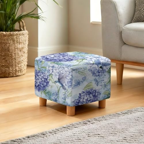 Hummingbird Hydrangea Print Ottoman Cover, Stretch Square Ottoman Slipcovers Machine Washable Foot Stool Cover for Living Room, Folding Storage Furniture Protector - color: Hummingbird Hydrangea