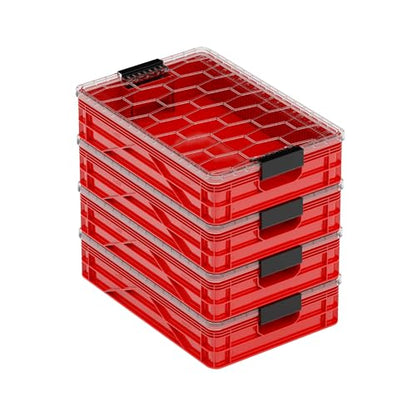 Quarter Crate 4-Pack Stackable Storage Bins, Red | Polypropylene, 14 dividers included, 19.16x12.75x4.57 in, over 1000 lb stack, lids sold separately - color: Red
