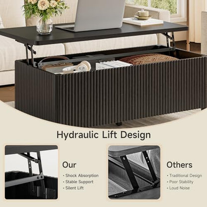 Fluted Lift Top Coffee Table with Storage, Mid Century Modern Coffee Table with Hidden Compartment, Rising Top Wood Center Table for Living Room, Home Office, Rounded Edges (Black) - color: Black