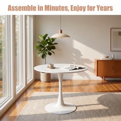 Small Round Dining Table 32" Tulip Table with Metal Pedestal, White | Tulip Table with Metal Pedestal & Thick MDF Top, Mid Century Small Bistro Table for Kitchen & Living Room - color: White-b, size: 31.5"D x 31.5"W x 29.1"H
