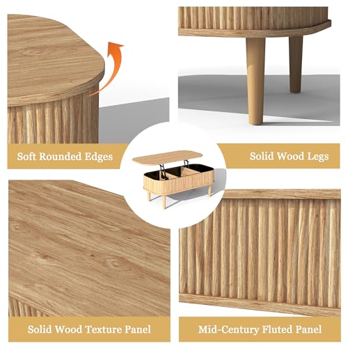 Fluted Lift Top Coffee Table with Hidden Storage, Oval Coffee Table with Lifting Top, Mid Century Modern Design for Living Room, Office & Small Spaces, Natural - color: Natural