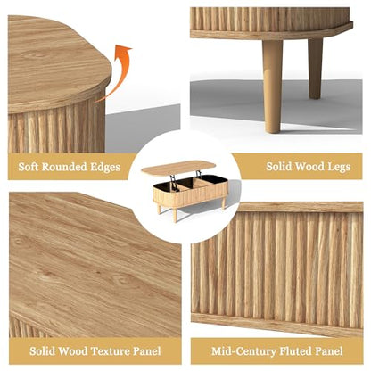 Fluted Lift Top Coffee Table with Hidden Storage, Oval Coffee Table with Lifting Top, Mid Century Modern Design for Living Room, Office & Small Spaces, Natural - color: Natural