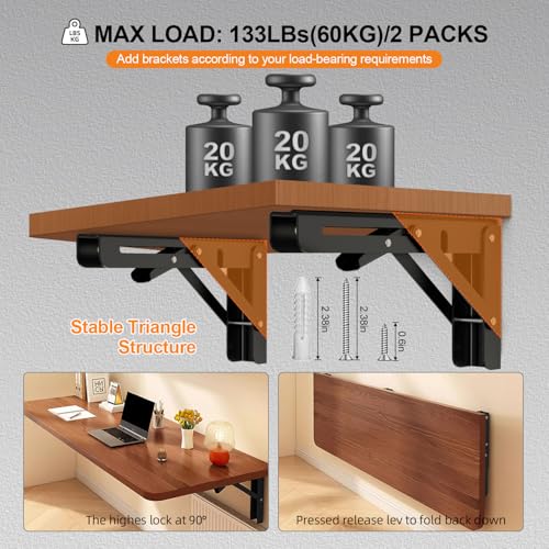 Folding Shelf Brackets 8 inch Foldable Shelf Bracket Heavy Duty Collapsible Shelf Brackets DIY Wall Mounted Fold Down Table Bracket Space-Saving for Benches Workstation (2PCs, Max.Load 133 lbs) - size: 8 Inch