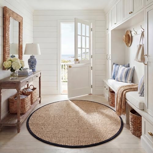 Safavieh Area Rug 5' Round - Natural Fiber Collection - Natural & Black, Seagrass, Basketweave Pattern with Border (NF114C) - color: Natural/Black, size: 5' (Round)
