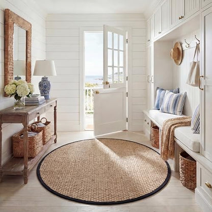 Safavieh Area Rug 5' Round - Natural Fiber Collection - Natural & Black, Seagrass, Basketweave Pattern with Border (NF114C) - color: Natural/Black, size: 5' (Round)