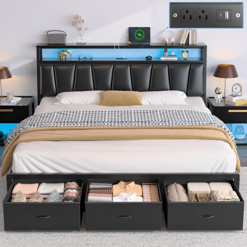 FreeHouse King Size Bed Frame with Storage Headboard & 3 Drawers, Black | Upholstered King Bed Frame with Charging Station & LED Lights,Fabric Drawers, Metal Slats, No Box Spring Needed Noise-Free - color: Black, size: King