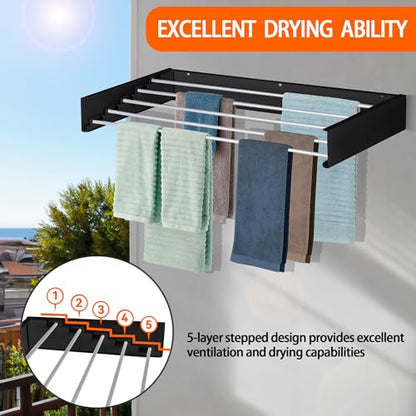 Laundry Drying Rack Wall Mounted Clothes Drying Rack Collapsible with 5 Aluminum Rods and Drilling Template Long Screwdriver Bit 60 lbs Capacity (Black, 40") - color: Black, size: 40"