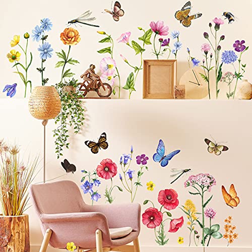 6 Pieces Flowers Wall Decals Vinyl Flowers Wall Stickers Removable Floral Murals Peel and Stick Colorful Flower Decor for Girls Bedroom Living Room Nursery (Butterfly and Dragonfly) - style: Butterfly and Dragonfly