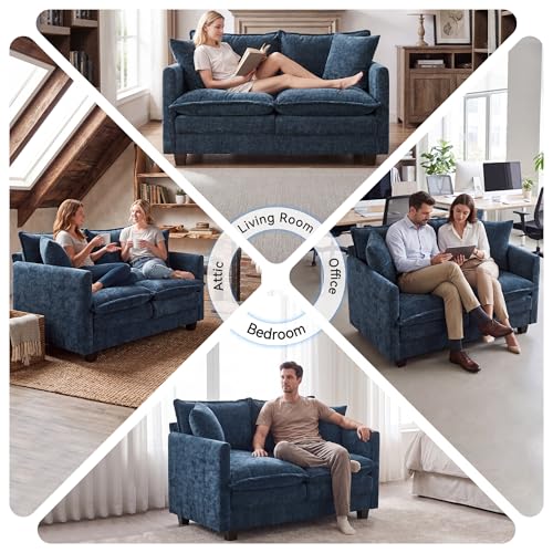 Loveseat Sofa Couch 2 Piece Set, Small Compact 50" Love Seat 27" Deep Cloud Sofa Set Washable Chenille Pillow Living Room Set for Apartment Office 50-Blue-2+2 - color: Blue, size: 50"+50"