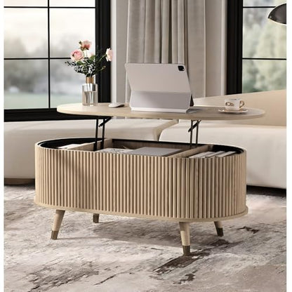 SULIVES Oval Coffee Table with Storage,Multifunctional Lift Top Drum Coffee Table, Small Fluted Center Table for Living Room, Oak - color: Oak_oval