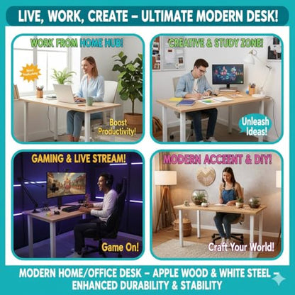 47 inch Large Computer Desk Wood, Modern Simple Style Desk for Home Office, Bedroom, Study Student Writing Desk, Small Spaces, White Metal Frame, Apple Wood Grain Top - color: Apple Wood, size: 47"