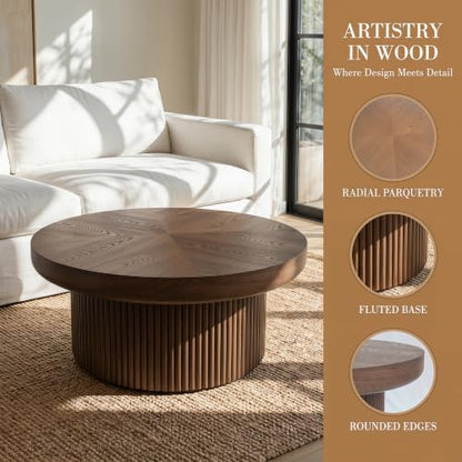 33.5" Round Coffee Table with Real Wood Parquet Top,Walnut | Mid-Century Modern Kitchen Table Center Table, Thickened Tabletop, Sturdy Base for living Room, Easy Assembly - color: E-33.5" Walnut