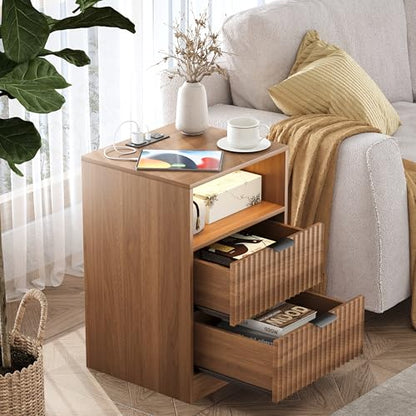 LED Nightstand with Charging Station, Fluted Nightstand Set of 2, Wood Nightstands with 2 Drawers & Metal Handles, Modern Bedside Table & End Tables, Farmhouse Night Stands for Bedroom, Walnut - color: Walnut, style: LED 2 Drawers-2 PCS