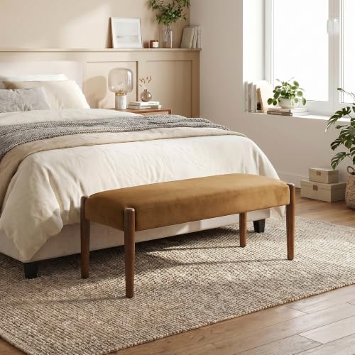 Usaint 42" End of Bed Bench with Wood Legs, Caramel Orange with Walnut Leg | Modern Upholstered Bedroom Bench with Rubberwood Legs, Entryway Bench with Cushion, Dining Bench for Living Room, Bedroom - color: Caramel Orange With Walnut Leg