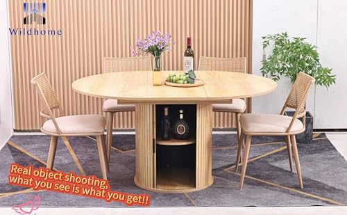 Wildhome Extendable Round Dining Table for 2-4-6, 59 Inch Dining Room Kitchen Table with 2-Tier Storage Shelf, Modern Farmhouse Fluted Wood Slide Door Dinner Furniture,Oval Circle,Oak - color: Oak-59 Inch
