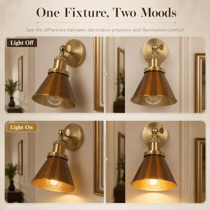 Fandian Brass Gold Classic Industrial Metal Adjustable Arm LED Wall Sconce for Bedside Reading, Farmhouse Swing Arm Wall Lamp with Metal Shade, Hardwired