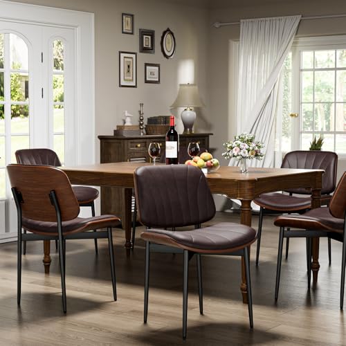 YaFiti Mid Century Dining Chairs Set of 2 with Walnut Bentwood, Brown | Ergonomic Walnut Backrest, Upholstered Waterproof PU Leather Seat, Stable Metal Legs, Adjustable Footpads, Apartment Friendly - color: Brown Scallop