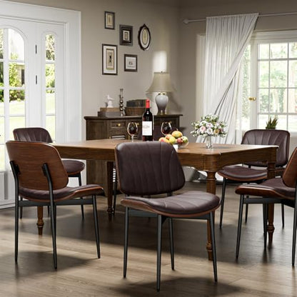 YaFiti Mid Century Dining Chairs Set of 2 with Walnut Bentwood, Brown | Ergonomic Walnut Backrest, Upholstered Waterproof PU Leather Seat, Stable Metal Legs, Adjustable Footpads, Apartment Friendly - color: Brown Scallop