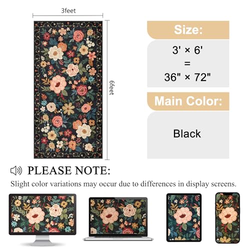 DUKINO 3x6 Runner Rug, Non Slip Floral Washable Rug for Kitchen, Black | Low Pile, Non Shedding, Soft Thin Indoor Rug for Hallway, Bedroom, Bathroom, Entryway, Laundry, Pet Friendly, Home Decor - color: Black, size: 3' x 6' (Rectangular)