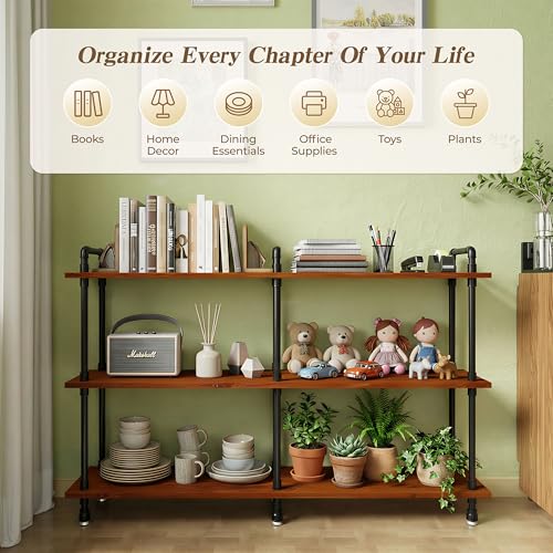Industrial Bookshelf, Pipe Shelf Bookcase, 3 Tier, 60" Walnut | Solid pine shelves, 60 inch wide, black pipe frame, 70 lbs per shelf, open bookcase for books, plants, office - color: Walnut Brown, size: 60"L × 39"H