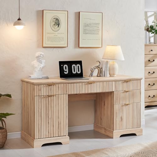 58" Modern Executive Desk with Storage, Wood Home Office Desk with 5 Drawers & 1 Cabinet, Fluted Computer Writing Desk for Study, Living Room, Bedroom, Natural Oak - color: Oak, size: 22"D x 58"W x 30H"