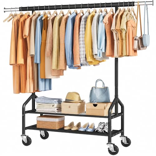 Clothing Rack with 2 Shelves, Metal Heavy Duty Load 350 LBS, Black | Adjustable Clothes Rack, Extendable Garment Rack for Hanging Clothes, Rolling Rack for Bedroom, Laundry Room, Clothes Store - color: Black