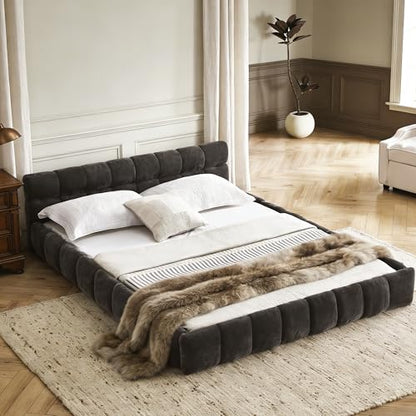 Chenille Fabric Upholstered Platform Bed Frame with Soft Headboard, Modern Low Profile Grounded Design, No Box Spring Needed, Sturdy MDF & Wood Frame, Neutral Style (Dark Grey, Queen (U.S. Standard)) - color: Dark Grey, size: Queen (U.S. Standard)