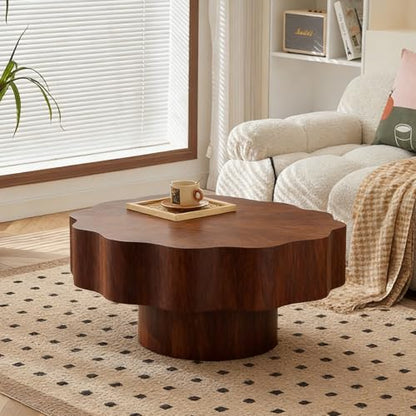 Modern Scalloped Coffee Table 31.5" Round Wood Center Table Wave-Shape Coffee Tea Tables with Pedestal Base for Living Room Apartment Small Space (Walnut) - color: Walnut