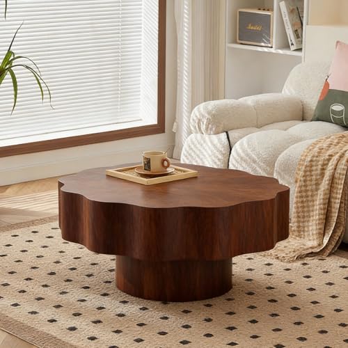 Modern Scalloped Coffee Table 31.5" Round Wood Center Table Wave-Shape Coffee Tea Tables with Pedestal Base for Living Room Apartment Small Space (Walnut) - color: Walnut