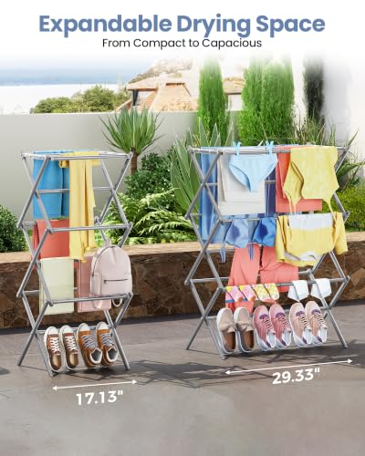 Oversize 3-Tier Clothes Drying Rack, No Install, Grey | Expandable Design, Non-slip feet, Tool-free Setup, Rust Prevention, Sturdy Construction, 14.9" D x 29.3" W, Holds 24lbs - color: Gray