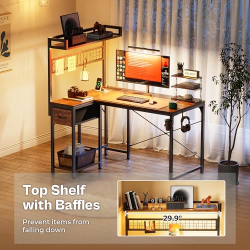 L Shaped Gaming Desk with Shelves, Corner Computer Table with LED Lights, Power Outlets and USB-C Ports, 42 Inch Reversible Home Office Desk with Storage Drawer, Work and Study, Rustic Brown