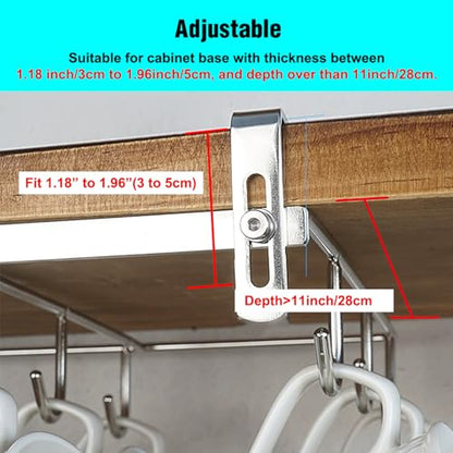 Mug Holder Under Cabinet for 1.18"- 1.96" Thickness Cabinet Base, 9 Hooks Cup Organizer Hanging Coffee Mug Rack Tea Cup and Utensil Hooks Drilling Free Mug Hanger Under Shelf