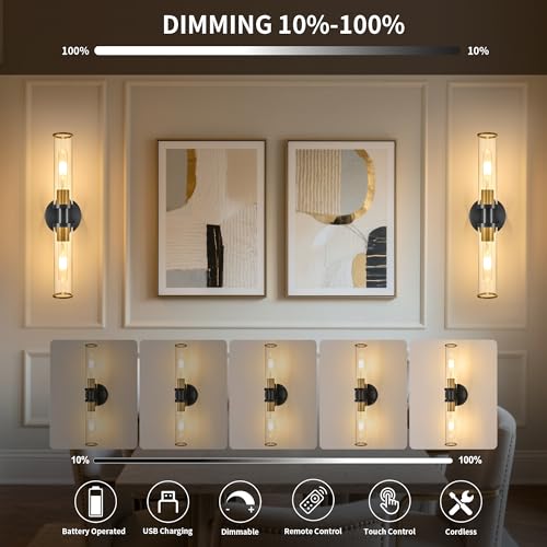 Rayogale Black & Gold Wireless Battery Operated Wall Sconces with Remote | Glass Rechargeable Wall Lights Set of 2 with Timer Function Dimmable for Living Room Bedroom Emergency 3000K, 20.5 Inch - color: Black Gold(Clear Tubular Lampshade)