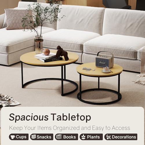 Otterease Nesting Tables Set of 2, 31.5" Round Coffee Table, Small Nesting Coffee Table with Adjustable Non-Slip Fee, Wood Grain Top Nesting Tables for Living Room, Bedroom (Wood Grain Light Brown) - color: 31.5" Wood Grain Light Brown