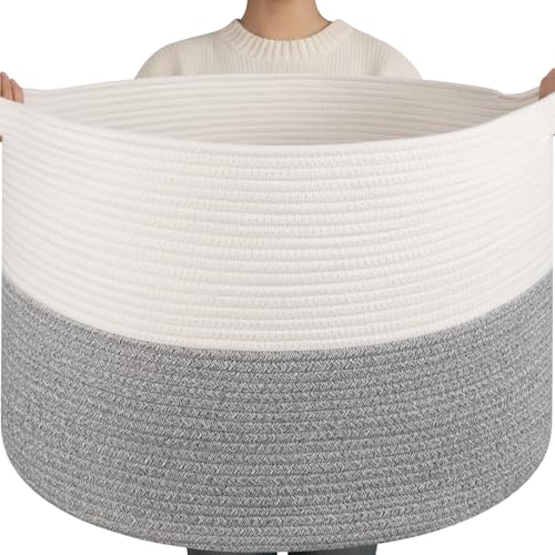 OIAHOMY 115L Extra Large Blanket Basket for Living Room, 23.6" x 15.4" Woven Cotton Rope Laundry Basket for Organizing Pillows, Decorative Stuffed Animal Toy Storage for Nursery, White and Light Grey - color: White and Light Grey, size: 23.6"D x 15.4"H