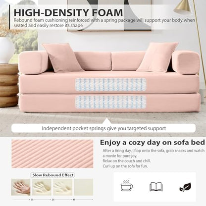 HANXIN Convertible Sleeper Sofa Bed, 78 Inch Folding Floor Mattress Couch with Fixed-Shape Frame, Futon Boneless Couch Lounge Loveseat with Pull Out Bed, No Assembly Required, Pink - color: Pink, size: 78" Loveseat Sofa Bed
