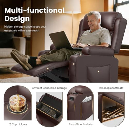 Home Theater Seating, Power Recliner Sofa Single Chair with Massage & Heat | Wall Hugger Reclining Single Chairs with USB, RV Furniture with LED Lights, Cup Holders for Movie Theater, Gaming Room - color: Brown, size: 34" - 1 Seat